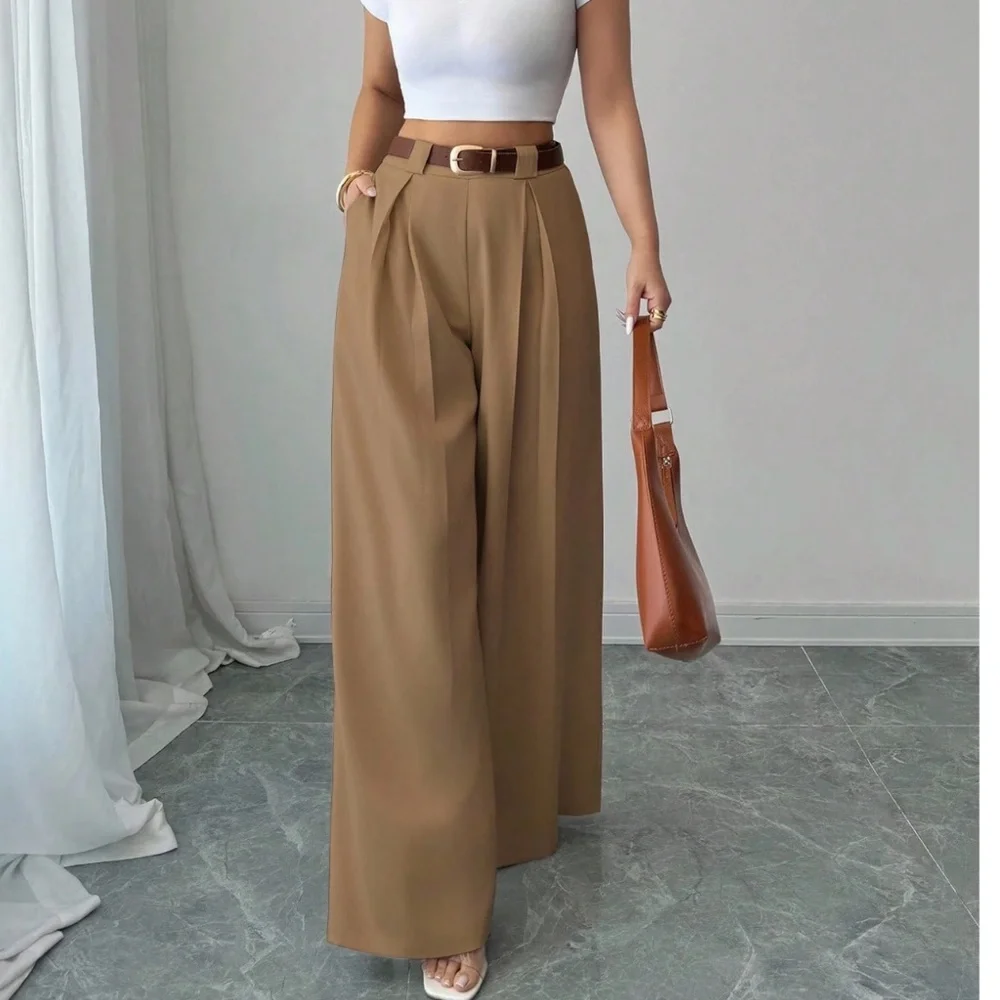 Classic Solid Stretchy Waist Pleated Pockets Wide leg Trouser Pants